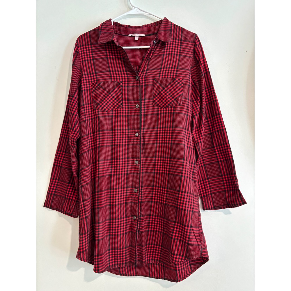 Victoria's Secret Plaid Sleep Shirt Womens Small Red Black Roll Tab Sleeve dress